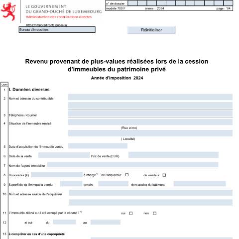 Aperçu du document Revenu provenant de plus-values réalisées lors de la cession d’immeubles du patrimoine privé — Plus-values d'immeubles du patrimoine privé, Luxembourg (CERFA n°700 F)